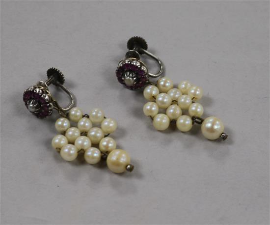 A pair of antique ruby and cultured pearl cluster drop earrings.